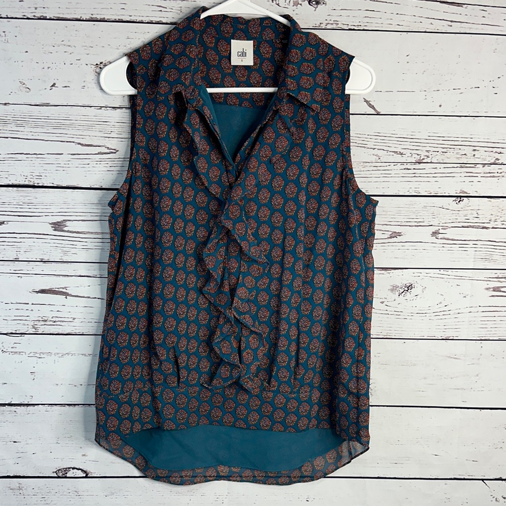 CAbi Sleeveless Top in Blue and Orange Pattern